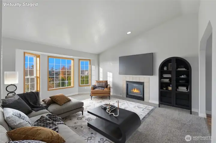 Virtually staged upstairs living room.