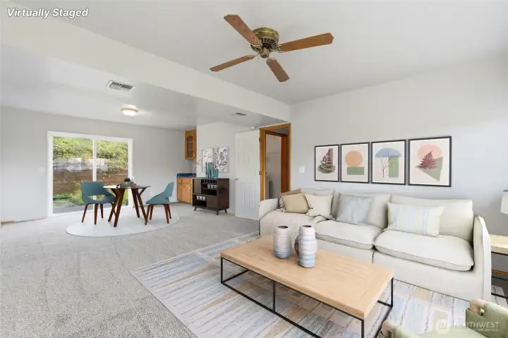 Virtually staged downstairs rec room.