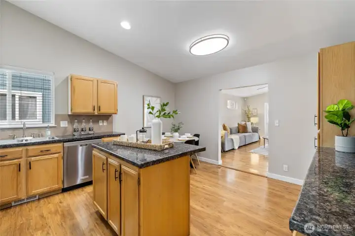 Kitchen leading to the family room.