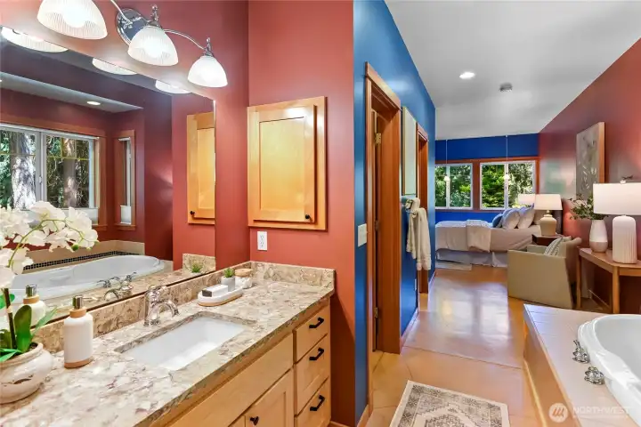 View from primary bath to primary bedroom.