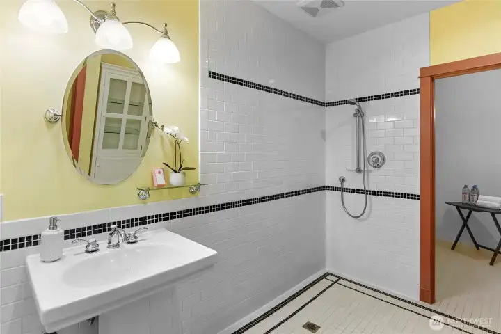 Basin, shower, and future sauna.