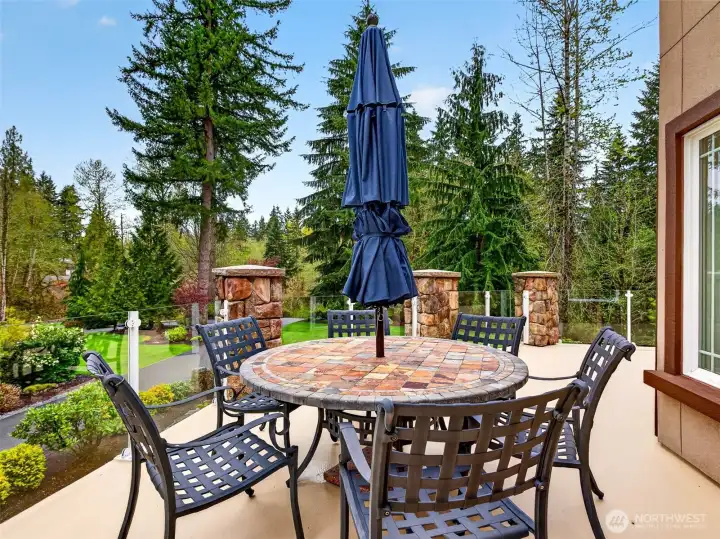 The expansive deck accessible from the main level offers an elevated dining destination with sweeping views of the manicured grounds and towering evergreens beyond. Glass railings keep sightlines clear, making every meal feel like an outdoor escape.