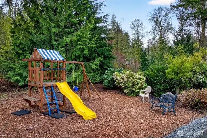 A dedicated play area tucked into the trees offers a private outdoor adventure space surrounded by mature evergreens and natural landscaping. Hours of imaginative outdoor fun, just steps from the back patio.
