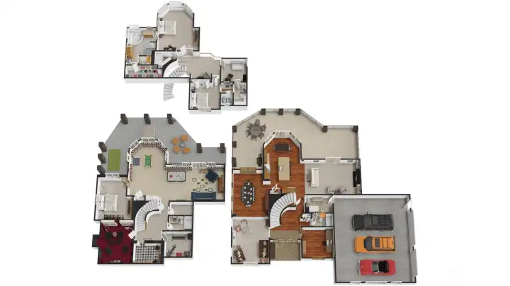 A full-color 3D floor plan brings all three levels to life, showcasing the thoughtful layout that connects the main-level living spaces, upper-level bedrooms, and the expansive daylight basement with theater, wine room, and recreation areas. Nearly 4,800 square feet of purposeful design across every level.