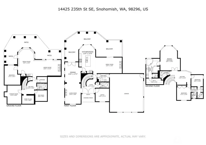 The detailed architectural floor plan illustrates the home's generous room dimensions across all three levels, from the 22'6" x 13'6" family room and 13'9" x 23'9" kitchen on the main floor, to the 16'6" x 19'6" primary bedroom upstairs, to the 14'0" x 22'0" bonus room and 11'6" x 16'0" theater in the daylight basement. Sizes and dimensions are approximate.