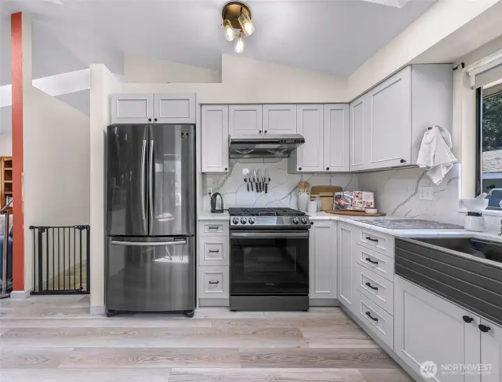 Black stainless steel appliances, large farm sink, gorgeous quartz counters and quartz backsplash