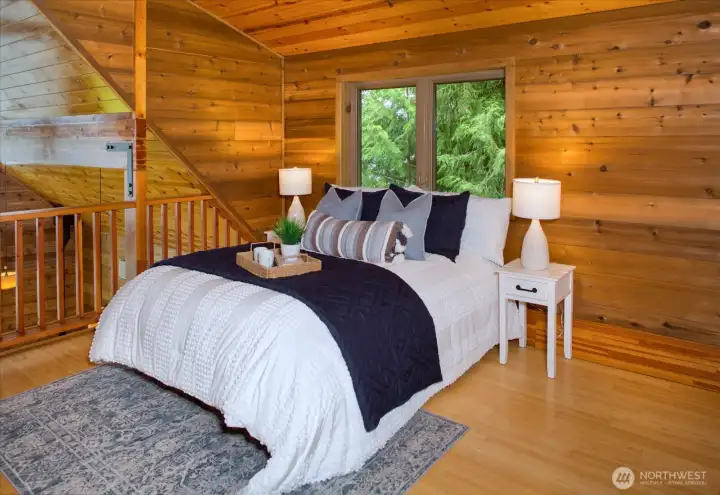 Cozy Primary Bedroom--Room is large enough for a King-sized bed (Queen pictured for staging)