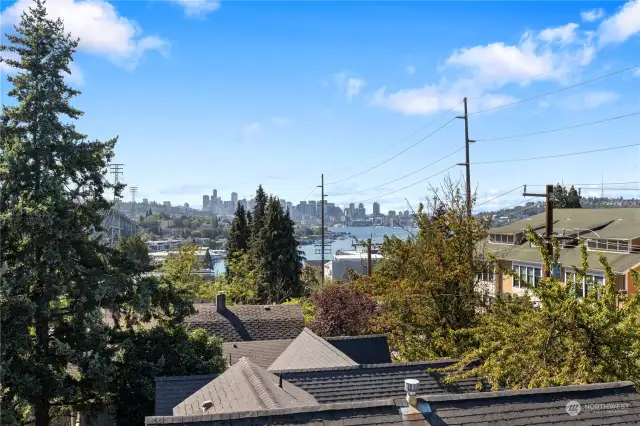 The private rooftop deck provides panoramic views of Lake Union and the city skyline.