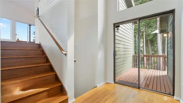 Entry onto main level. Up a level to the living room, kitchen and dining room. Stairs to garden area and then left to the lower level media room and utility room.