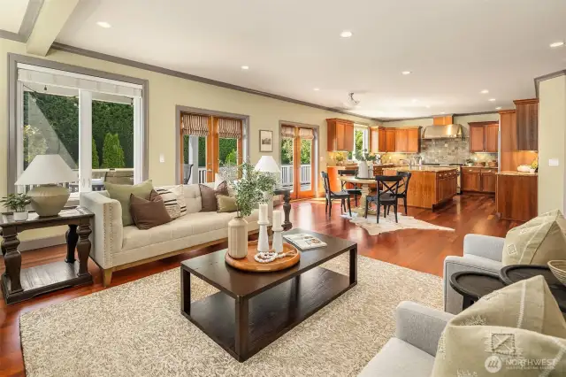 Here is a view of the great room looking back at the kitchen.  This angle gives you a wonderful feel for the large scale of this space. Fabulous!