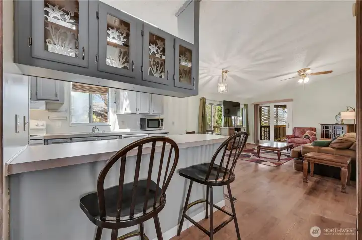 Kitchen bar with 2nd living room in background.
