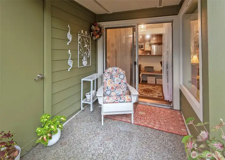 Quiet patio with additional storage.