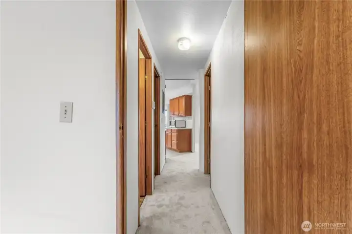 A view from the back bedroom toward the kitchen.