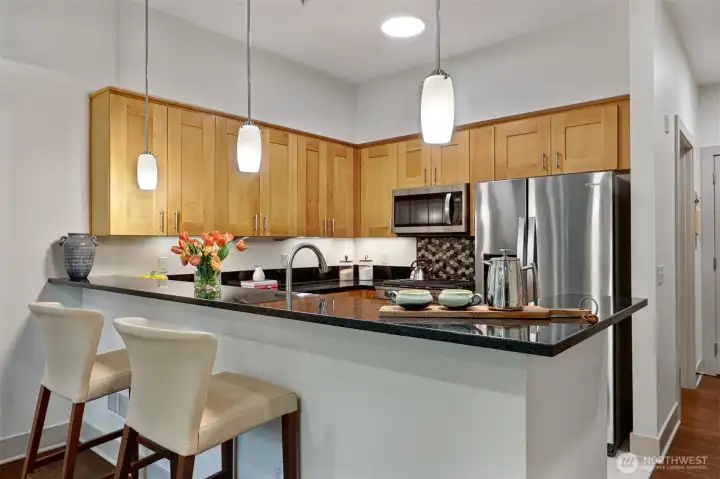 The eat-in kitchen can accommodate two, three or four seats.