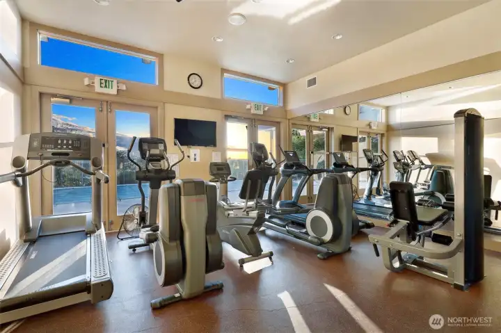 The Eagle's Nest is on the southwest end and boosts a BBQ pit, hot tub, pool, kitchen, and this exercise size room.