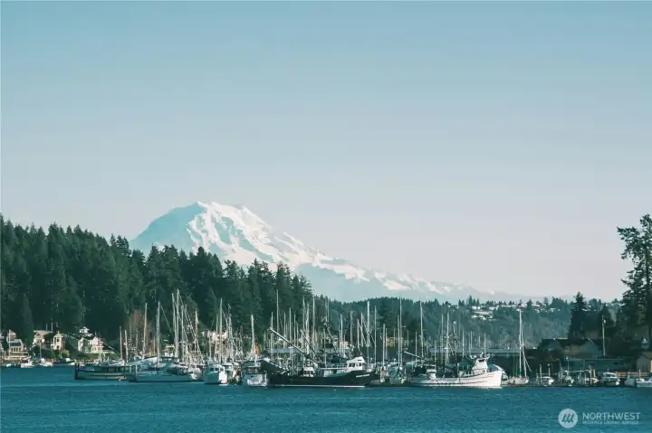 Beautiful downtown Gig harbor and Mt Rainier