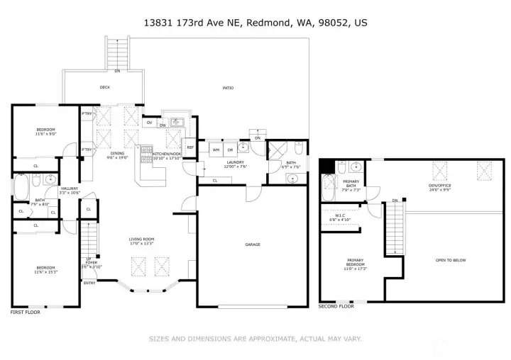 The detailed floor plan illustrates a flexible 2,030 SF layout with two main-floor bedrooms, an upper primary suite with walk-in closet, dedicated den/office loft, and oversized two-car garage.