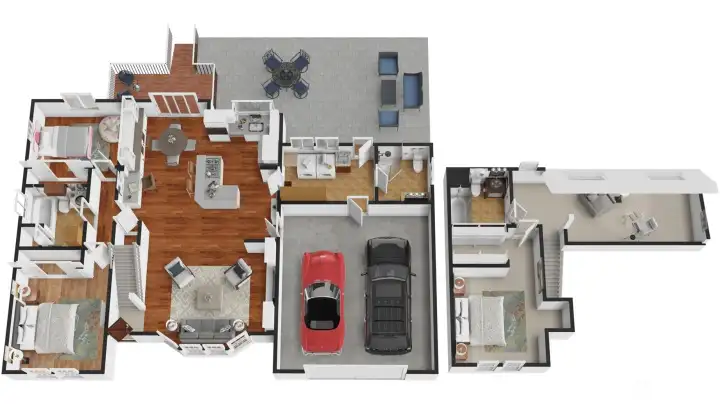A 3D rendering brings the floor plan to life, highlighting the open-concept main level, kitchen flow, two-car garage, and upper-level primary suite with adjoining den, all in one clear visual.