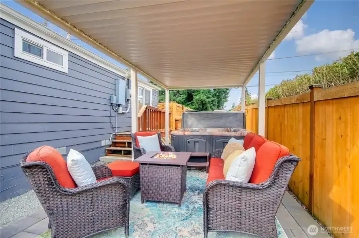 Outdoor oasis with hot tub. Outdoor oasis with hot tub.