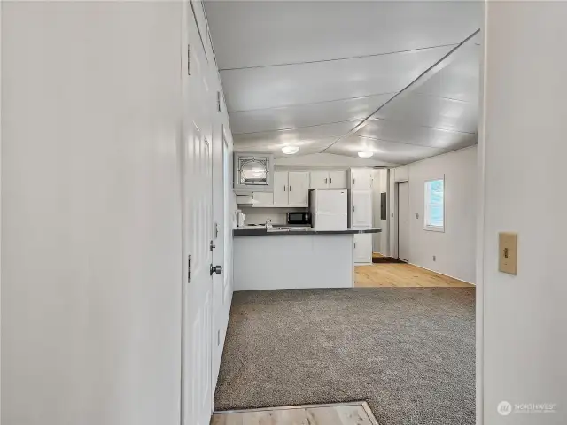 From the entry looking through the living room into the kitchen