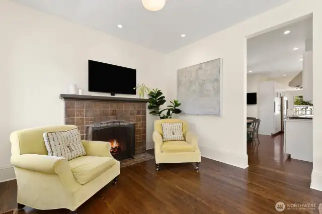 Living room Batchelder fireplace, LED can lights and Rejuvination 'School House' lighting fixtures