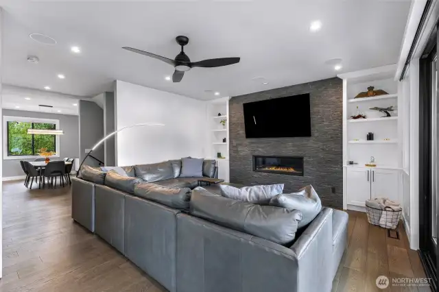 Flows into kitchen and dining room