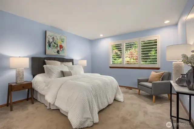 Main floor primary can easily fit a King bed and features custom window coverings