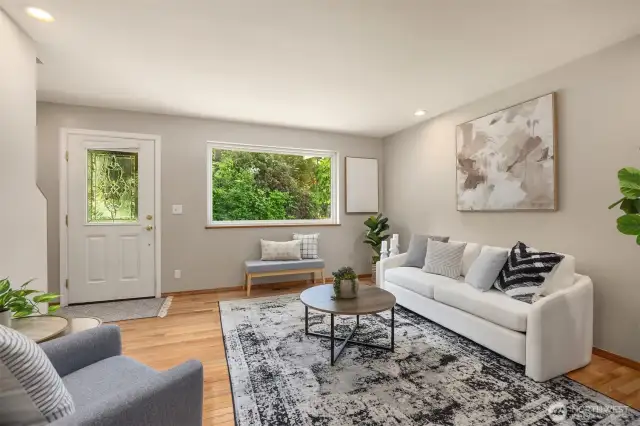 Enter into the great room with a cozy living room