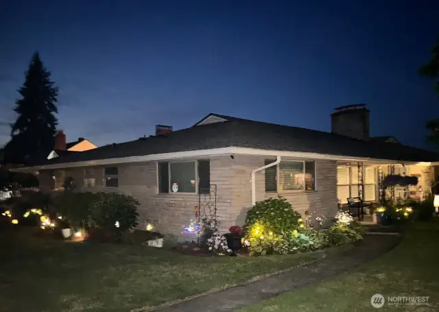 Nighttime ambiance enhanced by soft exterior lighting