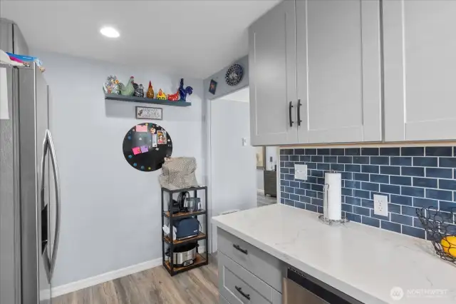 Bold navy subway tile backsplash