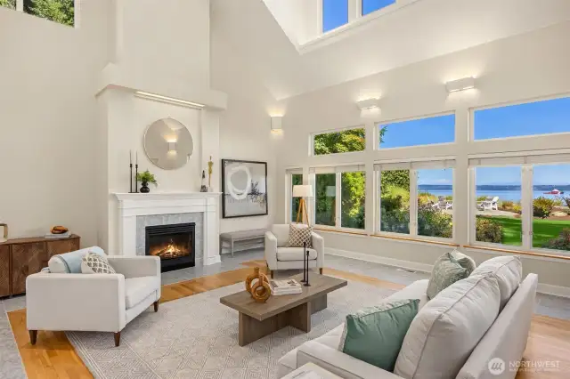 Soaring ceilings in living room add drama