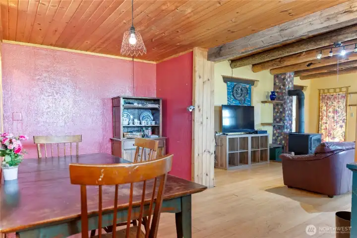 Living room flows into a dining room.