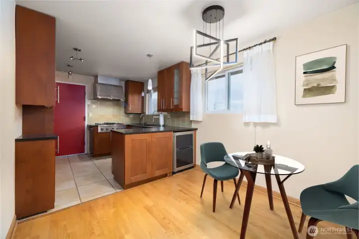 Kitchen, nice appliances and wine fridge...  virtual staging...