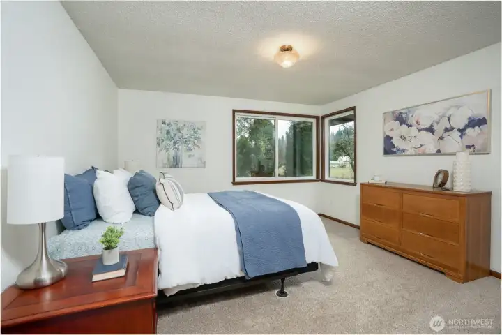 Comfortable and inviting bedroom featuring soft carpeting, abundant natural light, and a spacious layout. Well-appointed with ample room for furnishings and complemented by a walk-in closet, offering both functionality