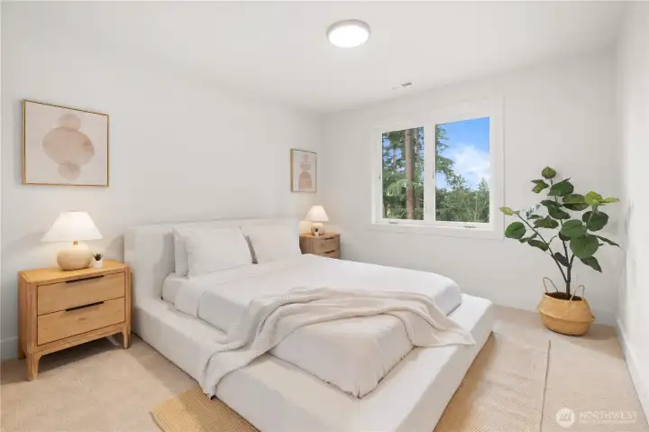 upstairs bedroom with built in closet shelving