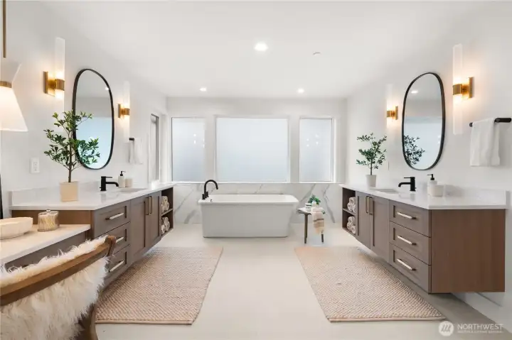Beautiful and functional double vanity with free standing tub