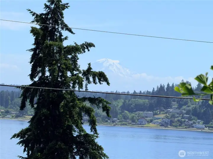 A look at the view from both the upper deck and the lower patio, where Mt. Rainier makes an appearance through the trees, a quiet reminder of the scenery this stretch of Port Orchard is known for.