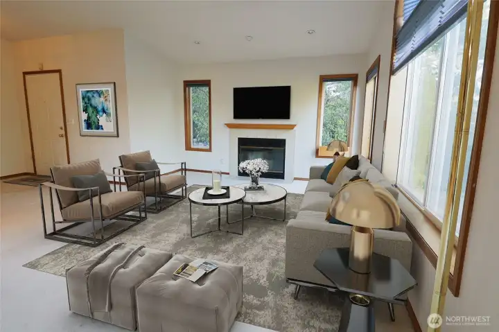 The living room's gas fireplace anchors the space.