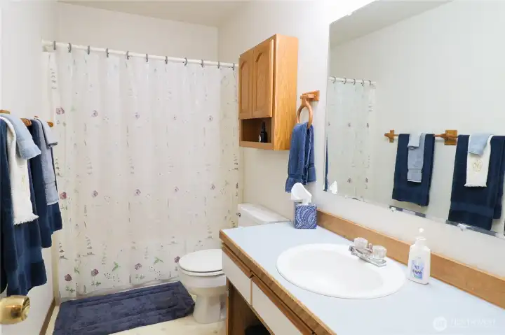 The main floor hall bathroom, with a tub shower and a clean, classic feel.