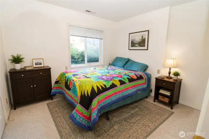 One of two downstairs bedrooms with water views, partially virtually staged to show the potential of this flexible lower level space.