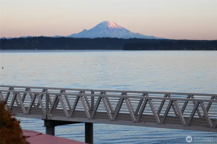 Pink sky, calm water, Mt. Rainier, and the Manchester dock just steps from the beach. Evenings here are hard to beat.