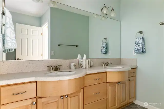 Dual sinks with enough cabinet space for all the toiletries!