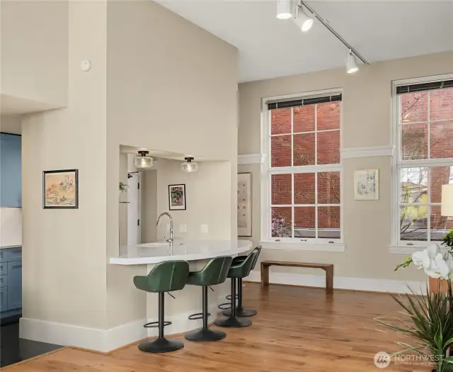 Newly remodeled kitchen with roomy breakfast bar.