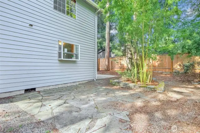Backyard -kitchen bay window shown. Lots of bamboo and other flora. Fully fenced yard.