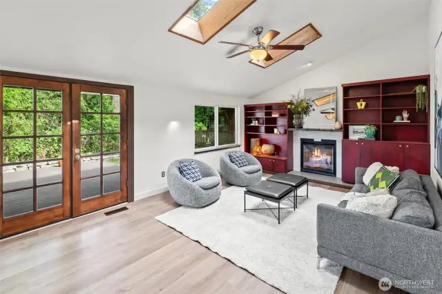 Rec room with french doors connects the indoor and outdoor living spaces.