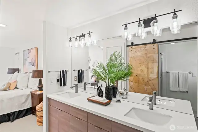 It now features a dual vanity with updated fixtures.