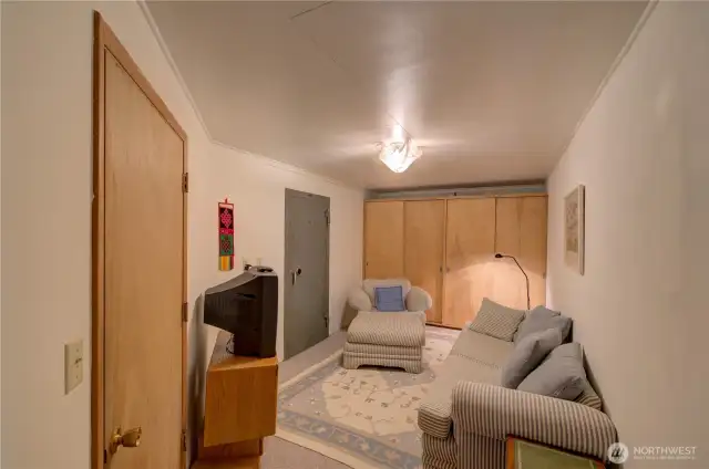 Lower level sitting room. The gray door is a walk in safe