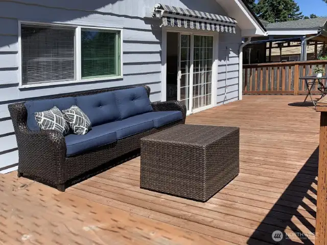 This is the deck off the bedroom. Morning lattes, afternoon ice tea and lemonade, evening BBQ's and / or your choice of evening drink on the deck. A great way to unwind at the end of a day.