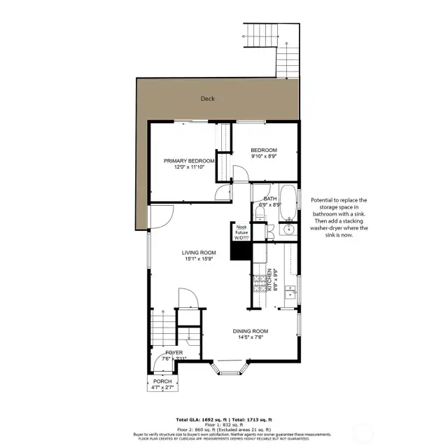 The main floor plan complete with 2 ways to access the large deck. Notes of potential ways to add a W/D on the main floor if you want to do that. Permits would be required.