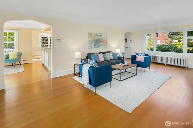 Looking toward front window and family room adjacent to kitchen